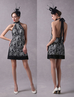Schwarze Cocktailkleider Lace Backless Halter Kurze Quasten Sexy Party Kleider