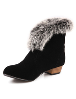 Schwarze Damen Stiefeletten Runde Zehe Kunstfell klobige Ferse kurze Stiefel