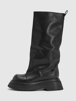Schwarze flache kniehohe Stiefel aus PU-Leder schwarze Plateaustiefel mit runder Zehenpartie