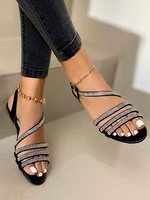 Schwarze flache Sandalen der Frauen Strasssteine offene Zehen Terry Chic Sommer Schnürsandalen