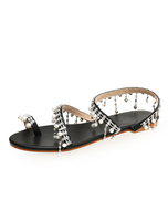 Schwarze flache Sandalen Frauen Zehenschleife Strass Perlen Riemchen Strand Sandalen