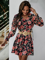 Schwarze Flora bedruckte Skaterkleider für Damen Langarm Lässiges; ausgestelltes Kleid