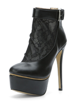 Schwarze Frauen Stiefel Plattform Mandel Spitze Patchwork Schnalle Detail High Heel Booties