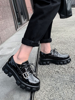 Schwarze Freizeitschuhe Damen Flatform Runde Zehenschnalle Detail Schnür Oxfords