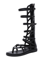 Schwarze Gladiator-Sandalen aus PU-Leder mit runder Zehenschnalle Schwarze Sommerstiefel Gladiator-Sandalen