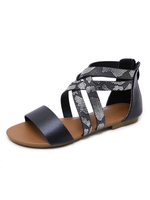 Schwarze Gladiator Sandalen Leder Open Toe Buckle Damenschuhe Flach