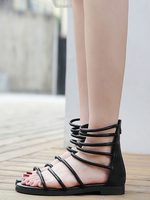 Schwarze Gladiator Sandalen Leder Square Toe Flache Gummisohle Sandalen