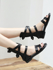 Schwarze Gladiator Sandalen Leder Square Toe Flache Sandalen
