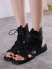 Schwarze Gladiator Sandalen Leder Square Toe Front Schnürung Flache Sandalen