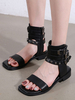 Schwarze Gladiator Sandalen Leder Square Toe Gummisohle Damen Flache Sandalen