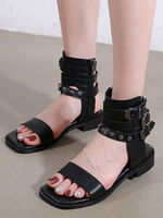 Schwarze Gladiator Sandalen Leder Square Toe Gummisohle Damen Flache Sandalen