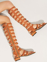 Schwarze Gladiator Sandalen PU Leder Square Toe Seite Reißverschluss Flache Damen Sandalen