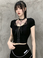 Schwarze Gothic Lolita Blusen für Frauen Schnüren Sie die kurzen Ärmel Lolita Top Black Lolita Shirt