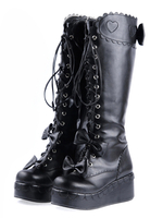 Schwarze Gothic Lolita Stiefel mit Kailabsatz und Schleife