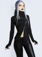 Schwarze Gothic Top High Collar Side Reißverschluss Gothic Cotton Retro Kostüme für Damen