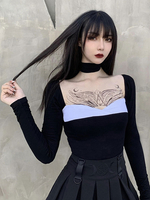 Schwarze Gothic Tops Gothic Cotton Long Sleeves Back Lace Damen Tops