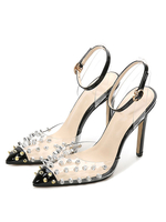 Schwarze High Heels Damen Spitzzehen Nieten Knöchelriemen Pumps Plus Size Clear Schuhe