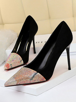 Schwarze High Heels Frauen Chic Pointed Toe Bedruckte Strass Stöckelabsatz Metall Details Schuhe