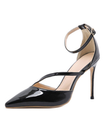 Schwarze High Heels Knöchelriemen mit spitzen Zehen Patent Obere sexy Stöckelschuhe