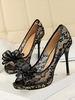 Schwarze High Heels Spitze Peep Toe Bow Slip On Pumps Frauen Stöckelschuhe