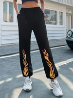 Schwarze Hose Polyester Raised Waist Flame Print Muster Bedruckte Hose