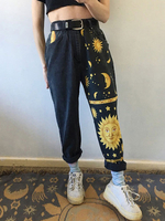 Schwarze Jeanshose für Frauen Erhöhte Taille Sun Moon Bedruckte gerade Hose Freizeitjeans