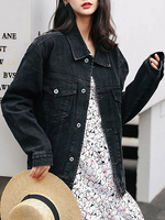 Schwarze Jeansjacke Damen Turndown-Kragen Langarmknöpfe Kurze Jacken