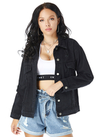 Schwarze Jeansjacke für Damen Cowboy Polyester Langarm Spring Denim Jacke