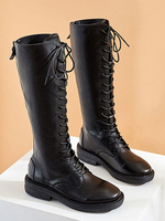 Schwarze Kampfstiefel Schwarze runde Zehenschnürstiefel mit mittlerer Wade