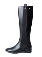 Schwarze kniehohe Stiefel Damen runde Zehen flache; breite Wadenstiefel