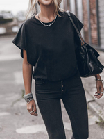 Schwarze kurze Ärmel Jewel Neck Asymmetrische Polyester Sommerbluse Casual T-Shir