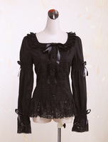 Schwarze Langarm-Lolita-Baumwollbluse mit Quadratausschnitt