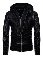 Schwarze Lederjacke Metallic Reißverschluss gefälschte zweiteilige Patchwork PU Slim Fit Männer Kapuzenjacke