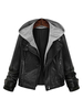 Schwarze Lederjacke Plus Größe Langarm mit Kapuze Patchwork Frauen Moto Jacke