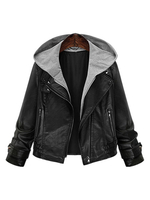 Schwarze Lederjacke Plus Größe Langarm mit Kapuze Patchwork Frauen Moto Jacke
