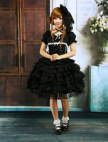 Schwarze Lolita OP Kleid Kurzarm mit Rüschen und Spitzen-Borten