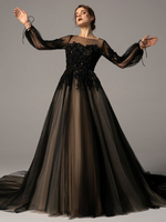 Schwarze Loyal Brautkleider A-Linie Jewel Neck Long Sleeves Tüll Spitze mit Zug Brautkleid