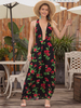Schwarze Maxi Kleider ärmelloser Blumengedruckt V-Ausschnitt Unregelmäßige Polyester Bodenlangen Sommerkleid
