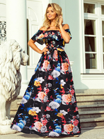 Schwarze Maxikleider Kurzarm Kleid mit Blumenmuster Bateau Neck Plissee Irregular Lycra Spandex bodenlanges Kleid