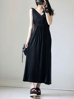 Schwarze Maxikleider Ärmelloses; bodenlanges Sommerkleid aus Polyester mit V-Ausschnitt und Etuikleid