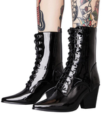 Schwarze Mid Calf Boots Damen Pointed Toe Schnürstiefel