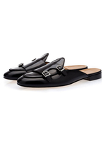 Schwarze Mule Loafers Kuhhaut Männer Runde Zehe Schnalle Detail Backless Mule Schuhe