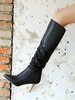Schwarze Overknee-Stiefel für Damen PU-Stöckelschuhe mit spitzen Zehen aus Leder