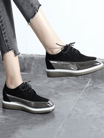 Schwarze Oxford Schuhe Damen Round Toe Leder Schnürung Flatform Oxfords