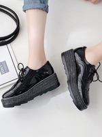 Schwarze Oxfords Frauen Square Toe Leder Schnürung Flatform Freizeitschuhe