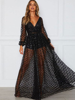 Schwarze Partykleider V-Ausschnitt Lange Ärmel Backless Semi bodenlangen Spitze Formales Kleid Festzugkleid
