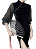 Schwarze Qipao Kleider Slit Sheer Sleeves Bodycon Kleid