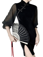 Schwarze Qipao Kleider Slit Sheer Sleeves Bodycon Kleid