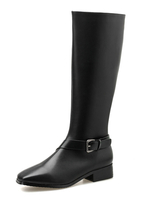 Schwarze Reitstiefel Quadratische Zehenschnalle Detail Kniehohe Stiefel aus PU-Leder für Frauen