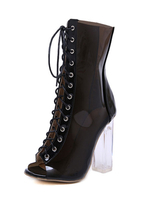 Schwarze Sandale Booties Peep Toe Lace Up High Heel Klar Stiefel Damen Stiefeletten